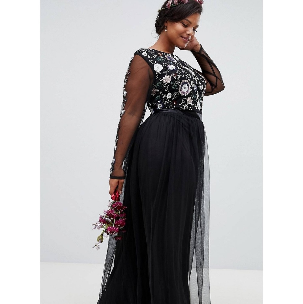 Maya plus floral embelished long sleeve blck dress